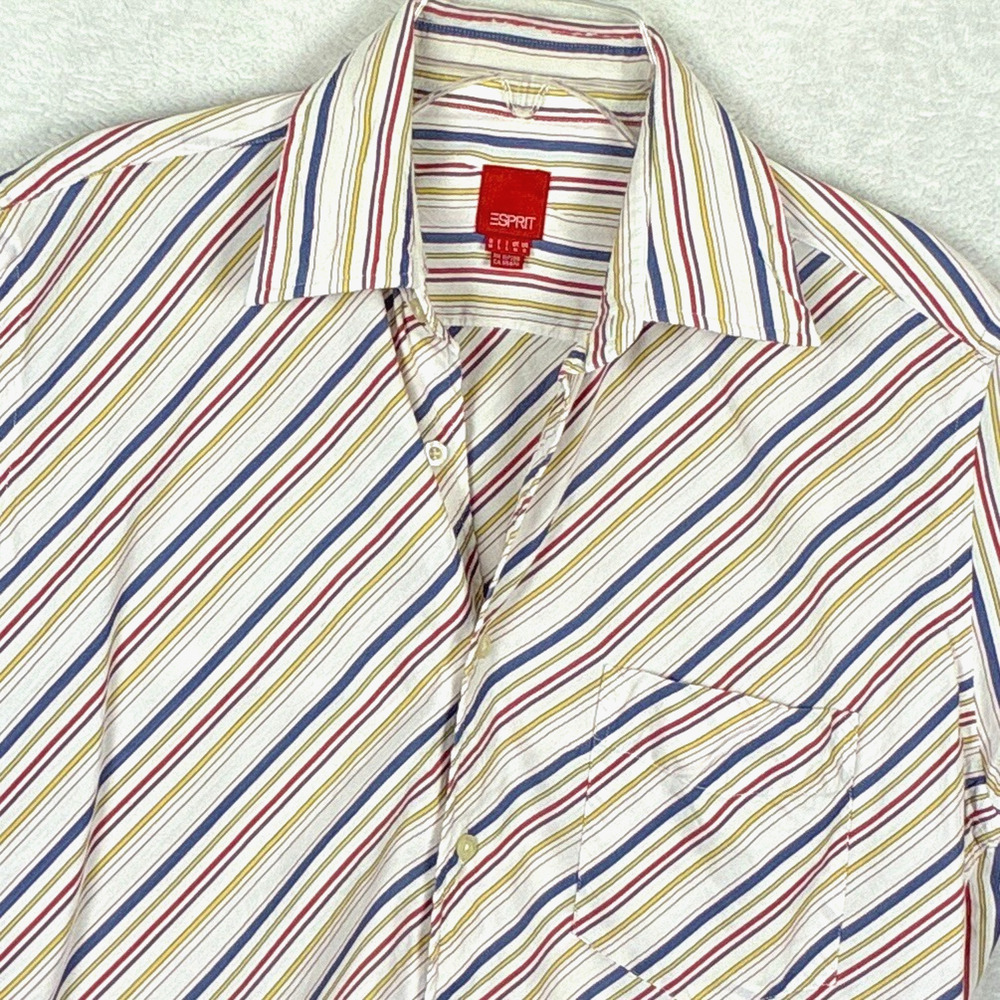 VTG Esprit Camp Shirt Mens S Multicolor Diagonal Striped Preppy Retro Y2K 80s